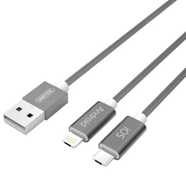 کابل تبدیل USB به لایتنینگ/Micro-USB یونیتک مدل Y-C4023GY طول 1.5 متر Unitek Y-C4023GY USB To Micro-USB/Lightning Cable 1.5m