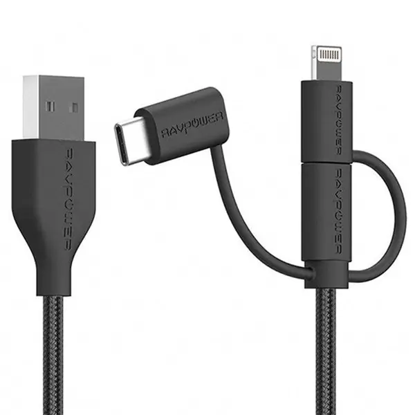 کابل تبدیل USB به لایتنینگ/ USB-C/ microUSB راو پاور مدل RP-CB021 طول 0.9 متر RAVpower RP-CB021 USB to microUSB/ Lightening/ USB-C Cable 0.9m