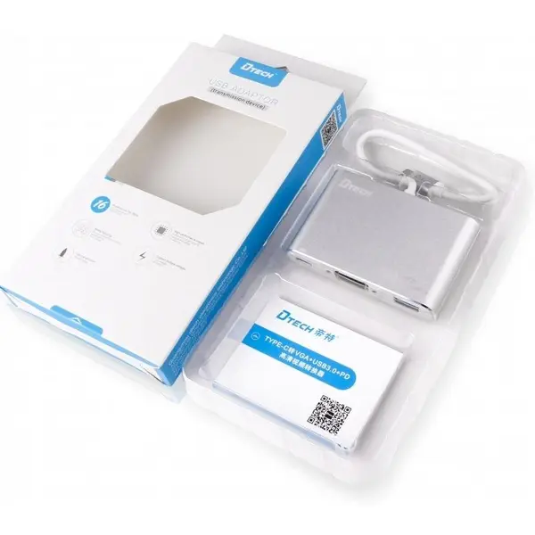 تبدیل Type-C به VGA+USB3.0+PD دی تک مدل تی 0023 Dtech DT-T0023 Type-c to VGA+USB3.0+PD Converter