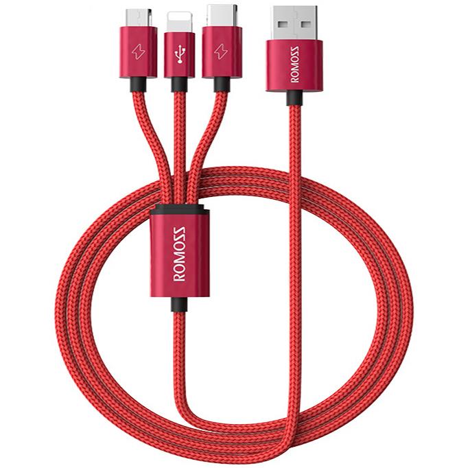 کابل تبدیل USB به microUSB/لایتنینگ/USB-C روموس مدل CB25A طول 1 متر Romoss CB25A USB To microUSB/Lightning/USB-C Cable 1 m