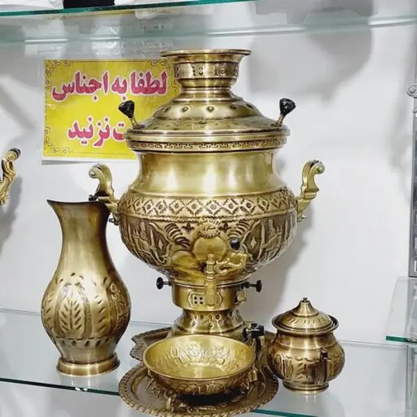 سماور مهسان 12لیتری گازی ورق ضخیم برنجی رنگ آنتیک نانو خورده بدون تغییر