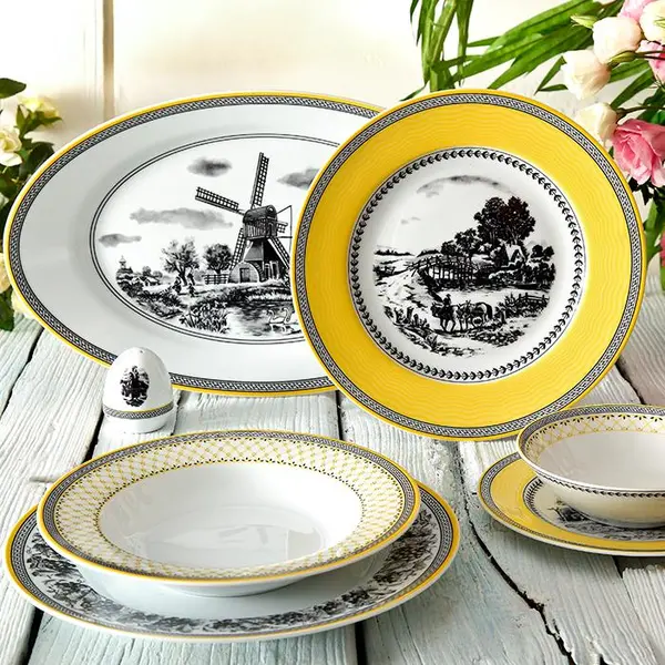 سرویس غذاخوری زرین 102 پارچه 12 نفره سری ایتالیا اف طرح ویلیج درجه یک Zarin Iran Porcelain Inds Italia-F Village 102 Pieces Porcelain Dinnerware Set High Grade