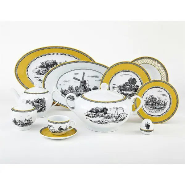 سرویس غذاخوری زرین 102 پارچه 12 نفره سری ایتالیا اف طرح ویلیج درجه یک Zarin Iran Porcelain Inds Italia-F Village 102 Pieces Porcelain Dinnerware Set High Grade