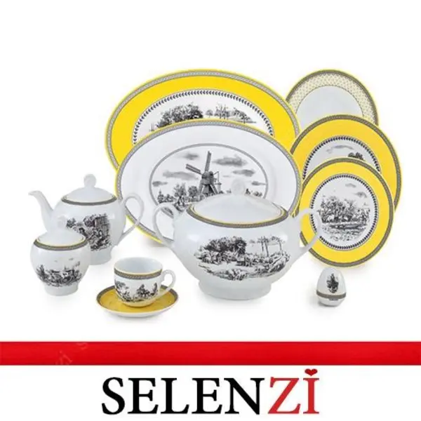 سرویس غذاخوری زرین 102 پارچه 12 نفره سری ایتالیا اف طرح ویلیج درجه یک Zarin Iran Porcelain Inds Italia-F Village 102 Pieces Porcelain Dinnerware Set High Grade