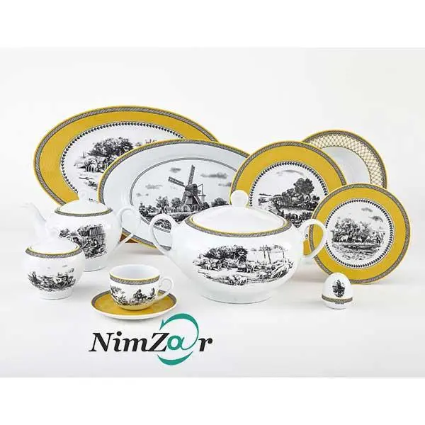 سرویس غذاخوری زرین 102 پارچه 12 نفره سری ایتالیا اف طرح ویلیج درجه یک Zarin Iran Porcelain Inds Italia-F Village 102 Pieces Porcelain Dinnerware Set High Grade
