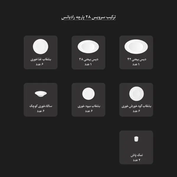 سرویس غذاخوری زرین 28 پارچه 6 نفره سری رادیانس طرح زرین درجه عالی