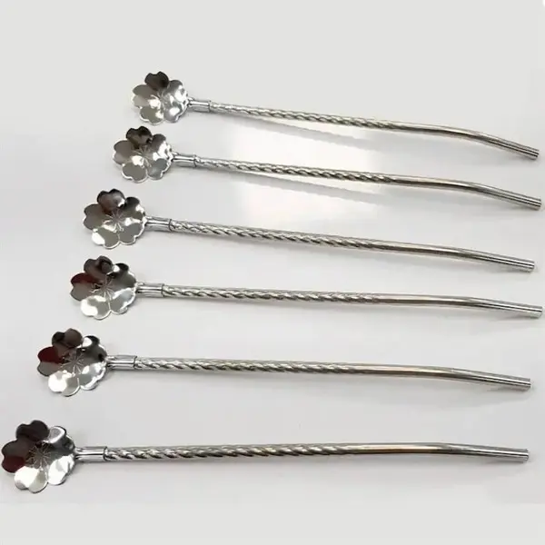 قاشق شربت خوری نی دار استیل نگیر یونیک لایف بسته 6 عددی همراه با فرچه طرح گل رز رنگ نقره ای قاشق نی دار - 3