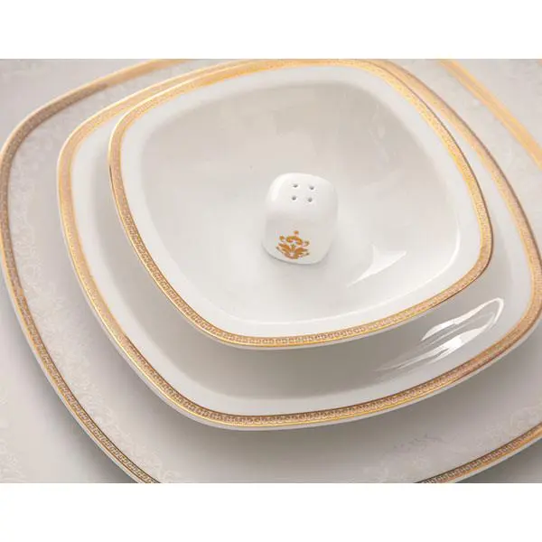 سرویس غذاخوری زرین 98 پارچه 12 نفره سری کواترو طرح ریوا طلایی درجه یک Zarin Iran Quatro Riva Dinnerware Set 98 Pcs High Grade
