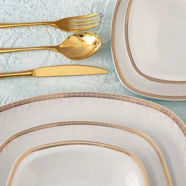 سرویس غذاخوری زرین 98 پارچه 12 نفره سری کواترو طرح ریوا طلایی درجه یک Zarin Iran Quatro Riva Dinnerware Set 98 Pcs High Grade