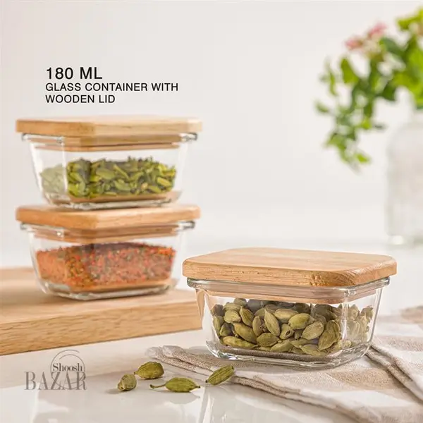 ظرف شیشه ای 180 میلی لیتر در چوبی لیمون کد 2187 - 3
