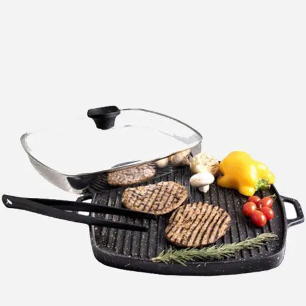 تابه گریل چدنی مربع سایز 28 یونیک درب دار با انبر کد UN-6031