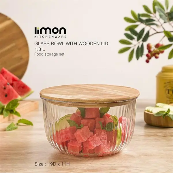 کاسه گرد شیشه ای لیمون 1.8 لیتر درب چوبی 2177 - 2