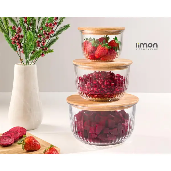 ست کاسه گرد شیشه ای شیار دار درب چوبی لیمون 221259