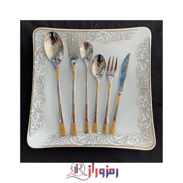 سرویس قاشق و چنگال 18 نفره 105 پارچه یونیک مدل اناناسی نیمه طلایی روشن دهنه اروپایی - 2