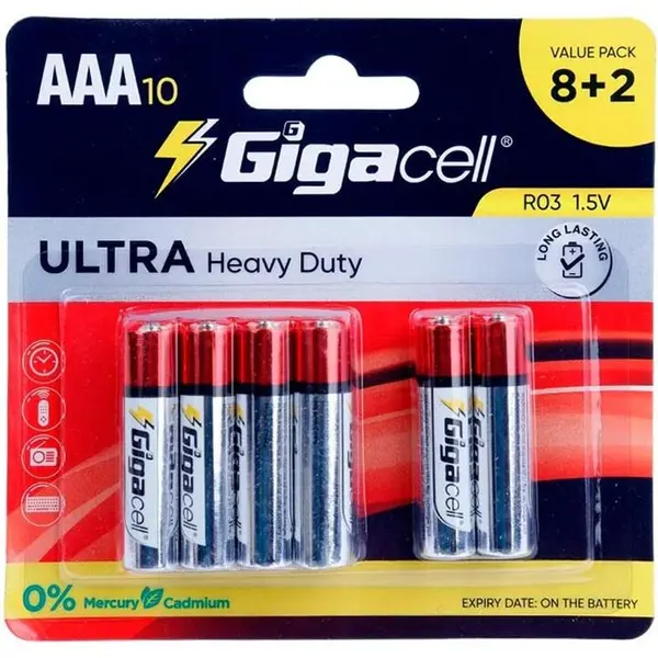 پک 2+8 باتری نیم قلمی Gigacell Ultra Heavy Duty R03 1.5V AAA - 2