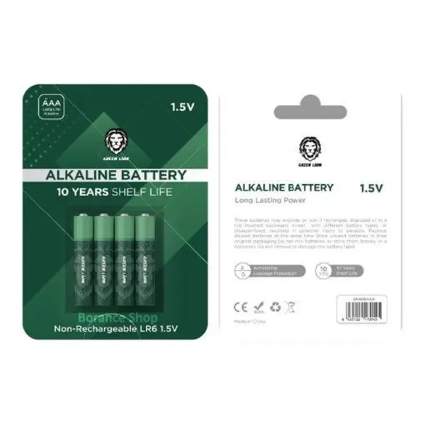 پک 4 عددی باتری آلکالاین نیم قلمی گرین لاین مدل GREEN LION ALKALINE AAA BATTERY