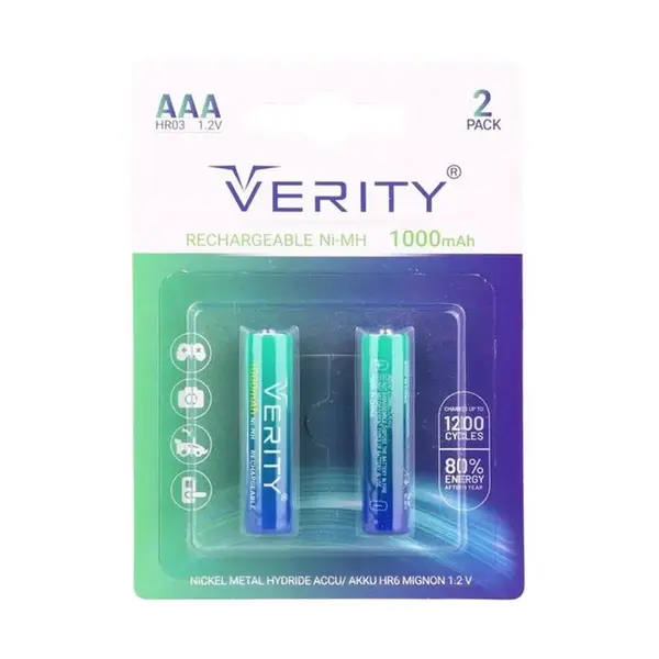باتری دوتایی نیم قلمی شارژی Verity Rechargeable Ni-MH HR03 AAA 1000mAh