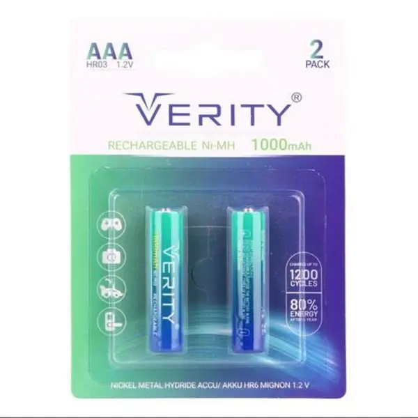 باتری دوتایی نیم قلمی شارژی Verity Rechargeable Ni-MH HR06 AAA 1000mAh
