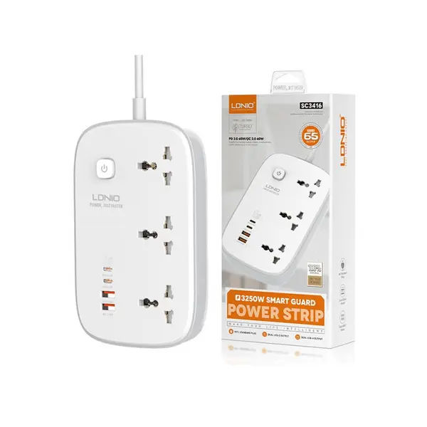 چندراهی برق سه سوکت، دو یو اس بی و دو تایپ سی الدنیو LDNIO 3 AC Outlets 4 USB Power Strip SC3416 - 2