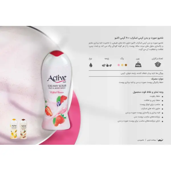 شامپو صورت و بدن کرمی اسکراب شیر و توت فرنگی Milk & Berries اکتیو 400 گرمی