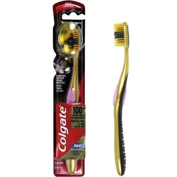 مسواک کلگیت مدل 360 Charcoal Gold سایز متوسط برس نرم