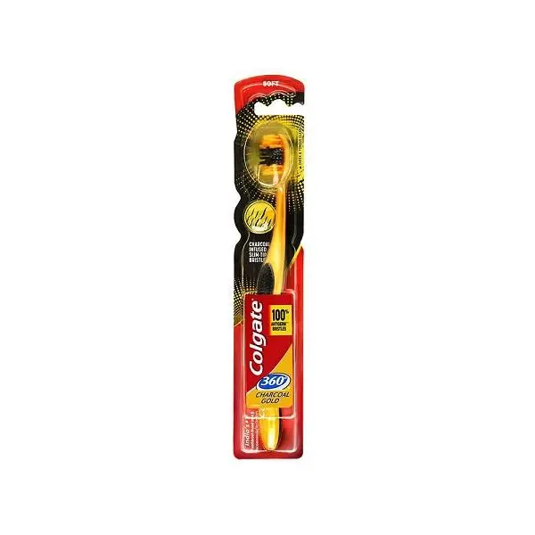 مسواک کلگیت مدل 360 Charcoal Gold سایز متوسط برس نرم