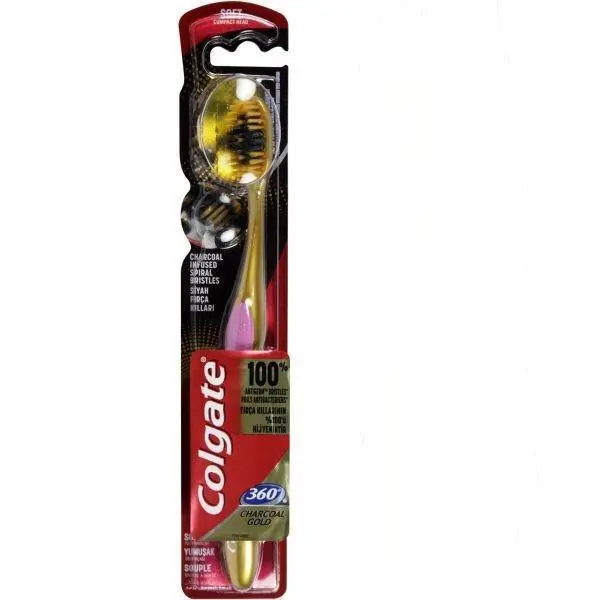 مسواک کلگیت مدل 360 Charcoal Gold سایز متوسط برس نرم