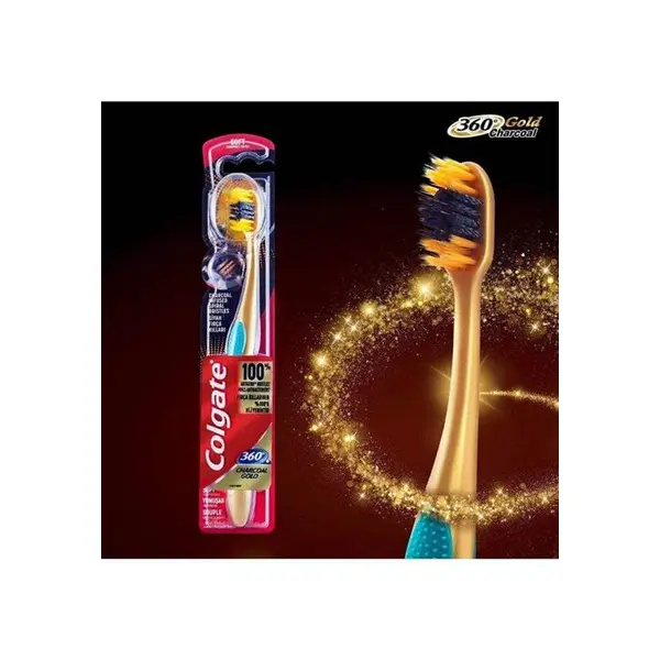 مسواک کلگیت مدل 360 Charcoal Gold سایز متوسط برس نرم