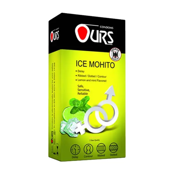 کاندوم اورز تاخیری، خاردار و شیاردار مدل Ours Ice Mohito (بسته 12عددی)