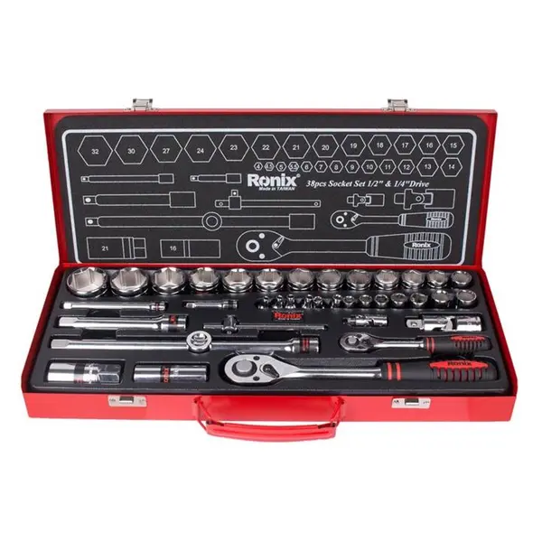جعبه بکس 38 پارچه رونیکس مدل RH-2638 سایز 1/2 -1/4 اینچ