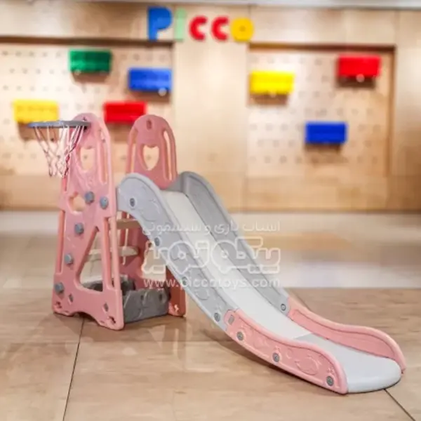 سرسره کودک هپی صورتی با حلقه بسکتبال کد PS5147 - 3