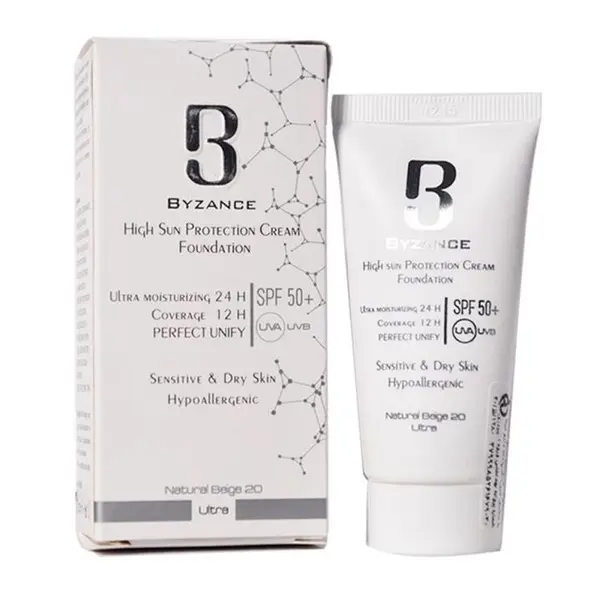 کرم ضد آفتاب رنگی SPF50 بیزانس مناسب پوست خشک و حساس حجم 30 میل-شماره 20 (بژ طبیعی)