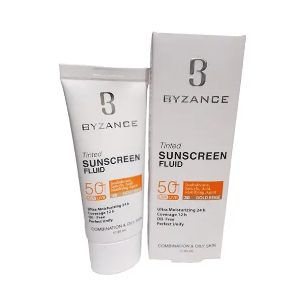 فلوئید ضد آفتاب بیزانس رنگی SPF50 پوست چرب ومختلط ومستعد آکنه بژ طلایی 30 40میل - 5