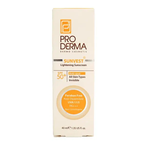 کرم ضد آفتاب و روشن کننده لک پوست بی رنگ SPF50 حجم 40 میلی لیتر پرودرما