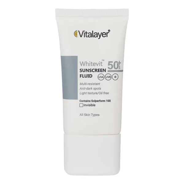 فلوئید ضدآفتاب بی رنگ ویتالیر SPF 50 مدل Whitevit مناسب انواع پوست حجم 50 میلی لیتر