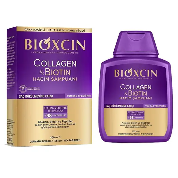 شامپو حجم دهنده و ضد ریزش کلاژن و بیوتین بیوکسین BIOXCIN حجم 300 میل