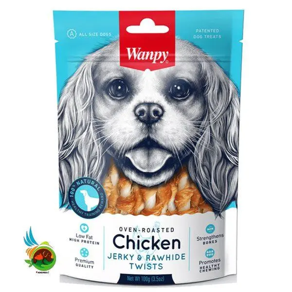 تشویقی سگ ونپی با طعم مرغ مدل مدادی دور پیچ Wanpy chicken jerky & rawhide twists وزن ۱۰۰ گرم - 2