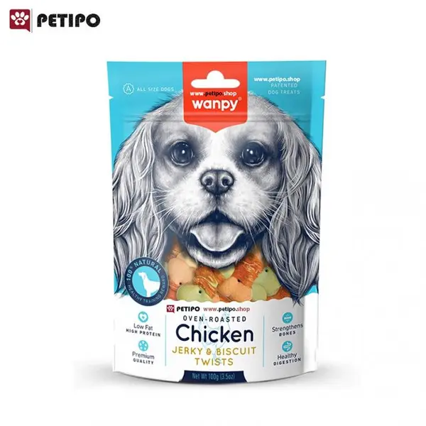 تشویقی بیسکویتی سگ دورپیچ مرغ ونپی (Wanpy Chicken Jerky & Biscuit Twists Dog Treats) وزن ۱۰۰ گرم - 2