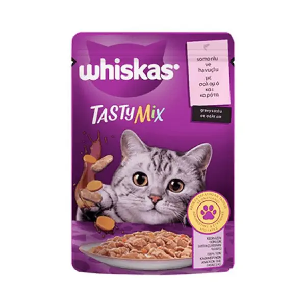 پوچ گربه بالغ ویسکاس با طعم سالمون و هویچ در سس Whiskas tasty mix with salmon & carrot in gravy وزن ۸۵ گرم - 4