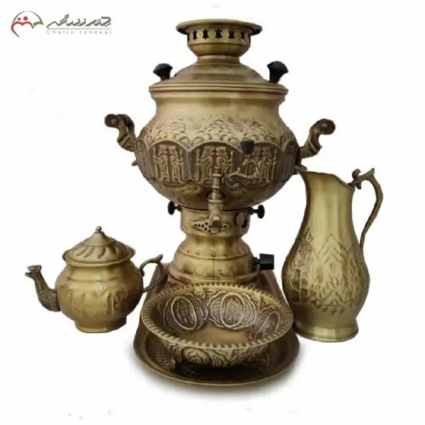 سرویس سماور گازی برنجی کد 113 با طراحی بی نظیر و قلم زنی اعلاء همراه پارچ و قندان - 2
