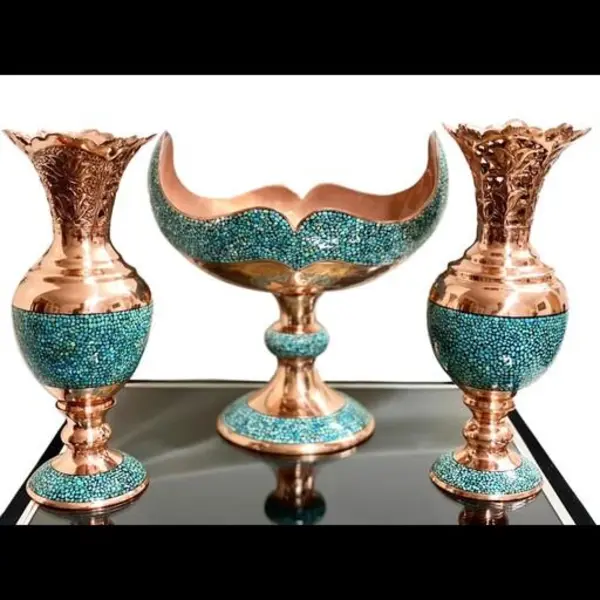 ست سه تکه سنبلدان و کشکول فیروزه کوبی 27 سانتی مس و فیروزه کوبی نیشابور صنایع دستی سایروس قلم زنی شده و لب شبکه - 2