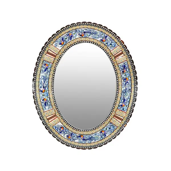 آینه خاتم کاری مدل الیپس طرح گل و مرغ برجسته کد 56p46-2f4Bl - - 2