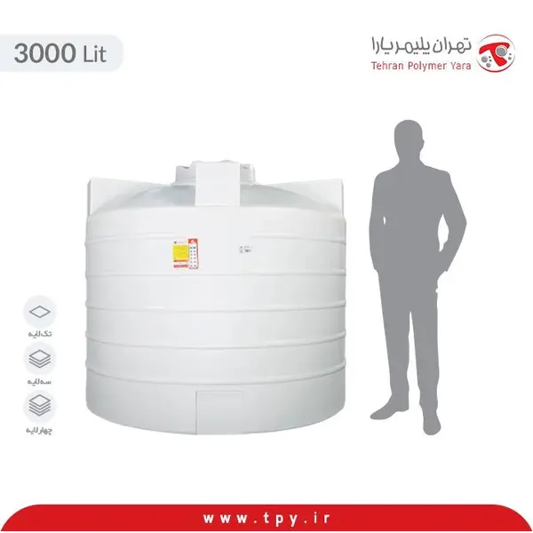 مخزن آب 3000 لیتری عمودی کوتاه سه لایه آنتی باکتریال تهران پلیمر یارا - 2