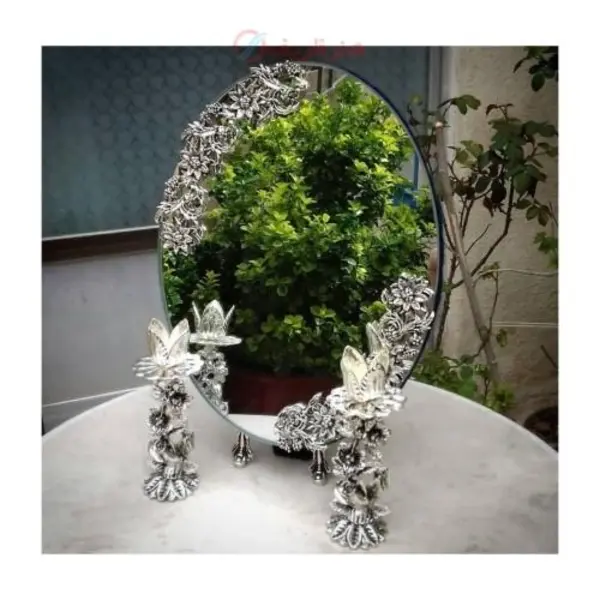 سرویس آینه و شمعدان نقره ای، شمعدان زاماک، مناسب برای سفره عقد و هفت سین - 3