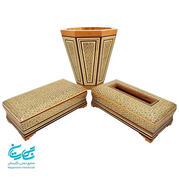 ست جعبه دستمال کاغذی و جا قاشقی و سطل خاتم کاری