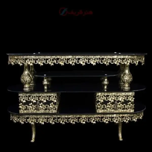 میز تلفن بیضی کوچک طرح غنچه شیشه جنس آلومینیوم و رنگ طلایی - 3