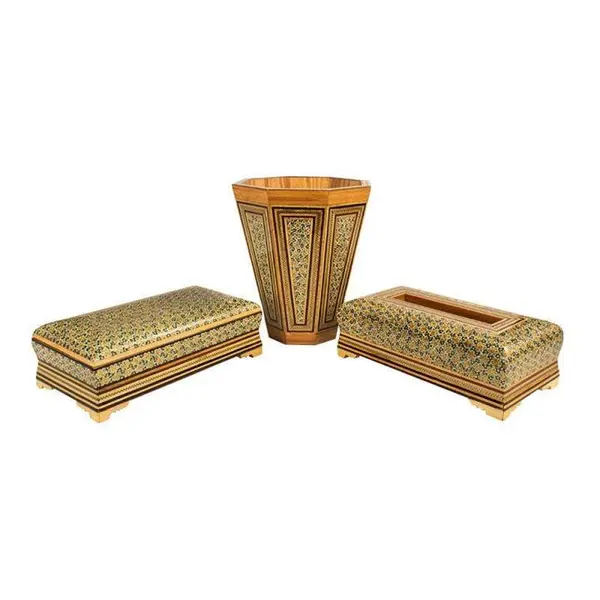 ست جعبه دستمال کاغذی و جا قاشقی و سطل خاتم کاری - 2