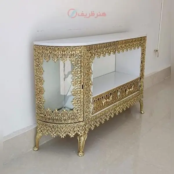 میز تلویزیون بوفه ای طول 140 جنس آلیاژ آلومنیوم آبکاری برنز کد honar050