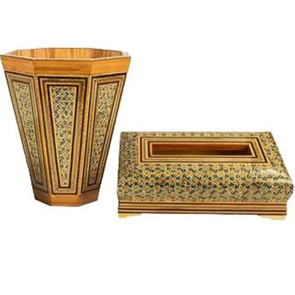 ست جعبه دستمال کاغذی و سطل خاتم کاری کد 25-1 - 4