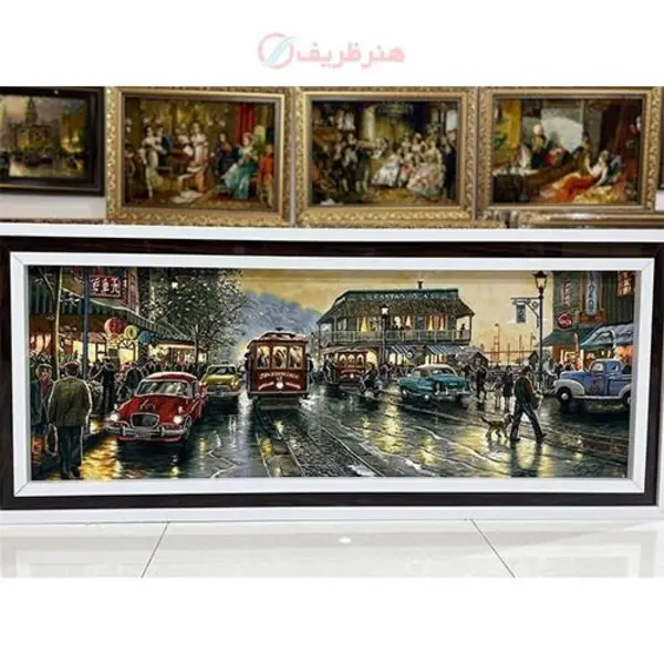 تابلو فرش دستبافت خیابان سانفرانسیسکو چله ابریشم 50 رج، کیفیت قاب درجه یک - 2